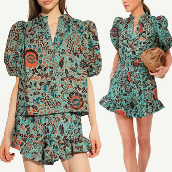 Ulla Johnson Top Jade Imari Dress Blouse Floral Blue Green Short Puff Sleeve 6 M - Picture 8 of 8